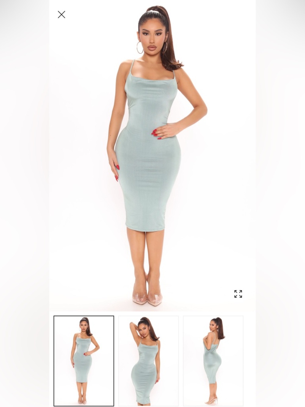 Satin Cowl Neck Midi Dress in Light Sage